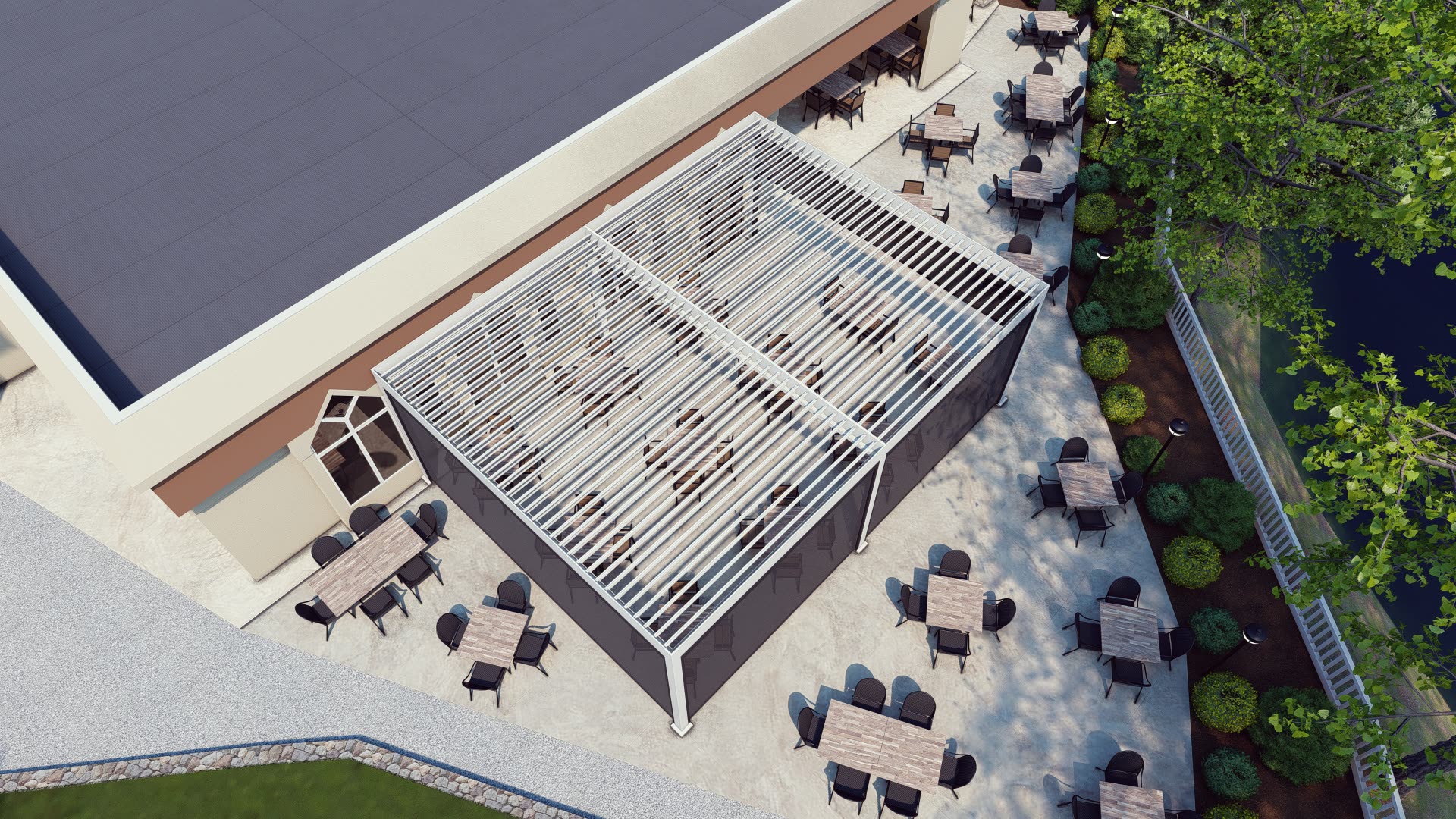 Completed Breslow Azenco SkyTilt™ Motorized SkyTilt Louvered Roof at B2 Bistro, North Brunswick NJ